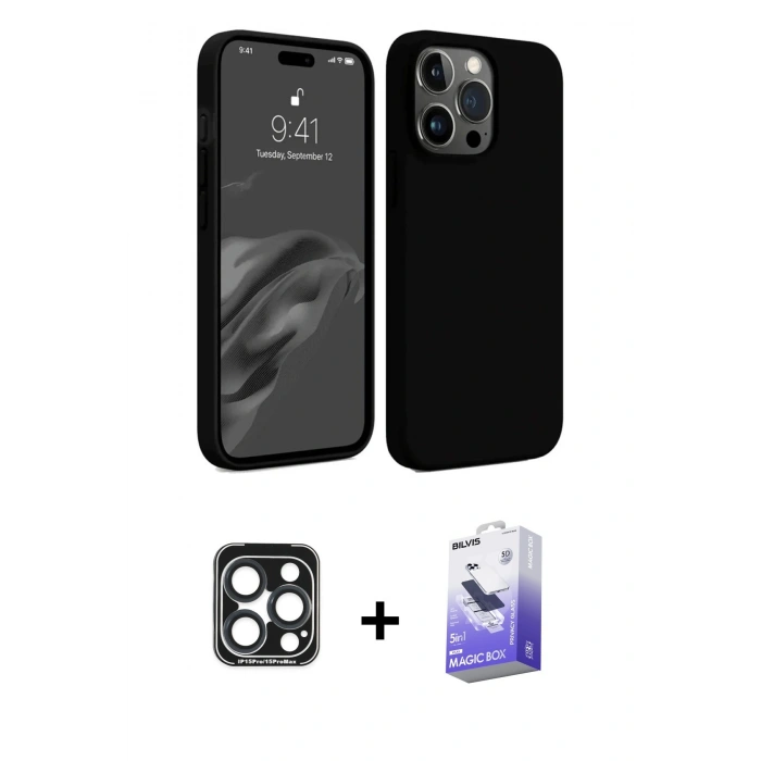 MARSİLYAN™- iPhone 15 Pro Max Kılıf Kozmos Yansıma Özel Seri - Siyah Bilvis 5in1 5D Magic Hayalet Cam Ekran Koruyucu + PVD Metal Kamera Lens - LT