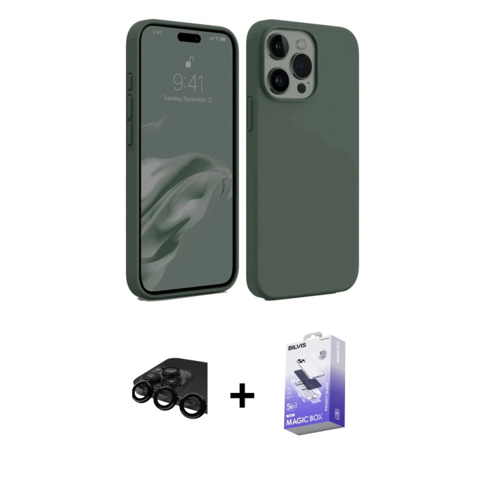 MARSİLYAN™- iPhone 15 Pro Max Kılıf Kozmos Yansıma Özel Seri - Siyah Bilvis 5in1 5D Magic Hayalet Cam Ekran Koruyucu + Raze Metal Kamera Lens - SH