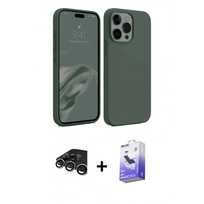MARSİLYAN™- iPhone 15 Pro Max Kılıf Kozmos Yansıma Özel Seri - Siyah Bilvis 5in1 5D Magic Hayalet Cam Ekran Koruyucu + Raze Metal Kamera Lens - GS