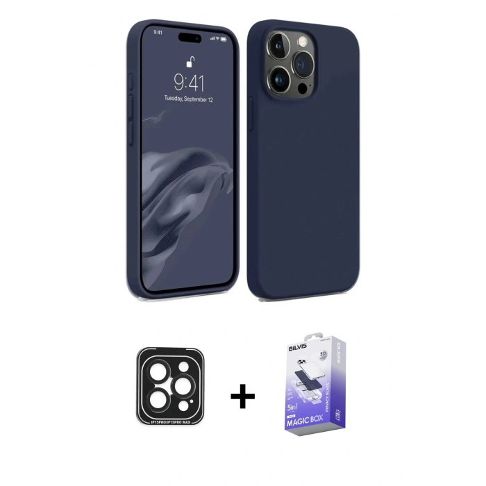 MARSİLYAN™- iPhone 15 Pro Max Kılıf Kozmos Yansıma Özel Seri - Siyah Bilvis 5in1 5D Magic Hayalet Cam Ekran Koruyucu + Siyah PVD Metal Kamera Lens