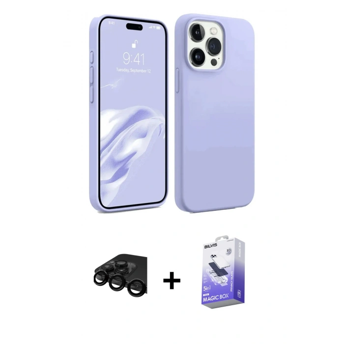 MARSİLYAN™- iPhone 15 Pro Max Kılıf Kozmos Yansıma Özel Seri - Siyah Bilvis 5in1 5D Magic Hayalet Cam Ekran Koruyucu + Raze Metal Kamera Lens - SH