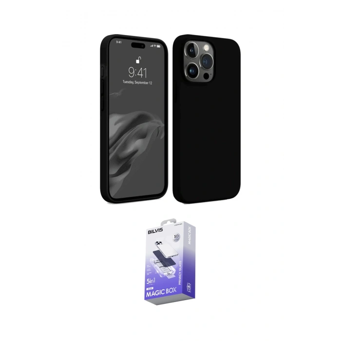 MARSİLYAN™- iPhone 15 Pro Max Kılıf Kozmos Yansıma Özel Seri - Siyah Bilvis 5in1 5D Magic Hayalet Cam Ekran Koruyucu