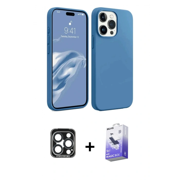 MARSİLYAN™- iPhone 15 Pro Max Kılıf Kozmos Yansıma Özel Seri - Siyah Bilvis 5in1 5D Magic Hayalet Cam Ekran Koruyucu + PVD Metal Kamera Lens - LT