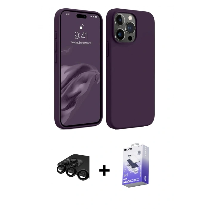 MARSİLYAN™- iPhone 15 Pro Max Kılıf Kozmos Yansıma Özel Seri - Siyah Bilvis 5in1 5D Magic Hayalet Cam Ekran Koruyucu + Raze Metal Kamera Lens - SH
