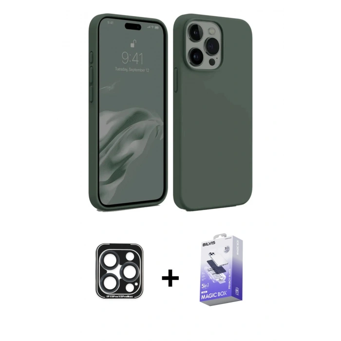 MARSİLYAN™- iPhone 15 Pro Max Kılıf Kozmos Yansıma Özel Seri - Siyah Bilvis 5in1 5D Magic Hayalet Cam Ekran Koruyucu + PVD Metal Kamera Lens - LT