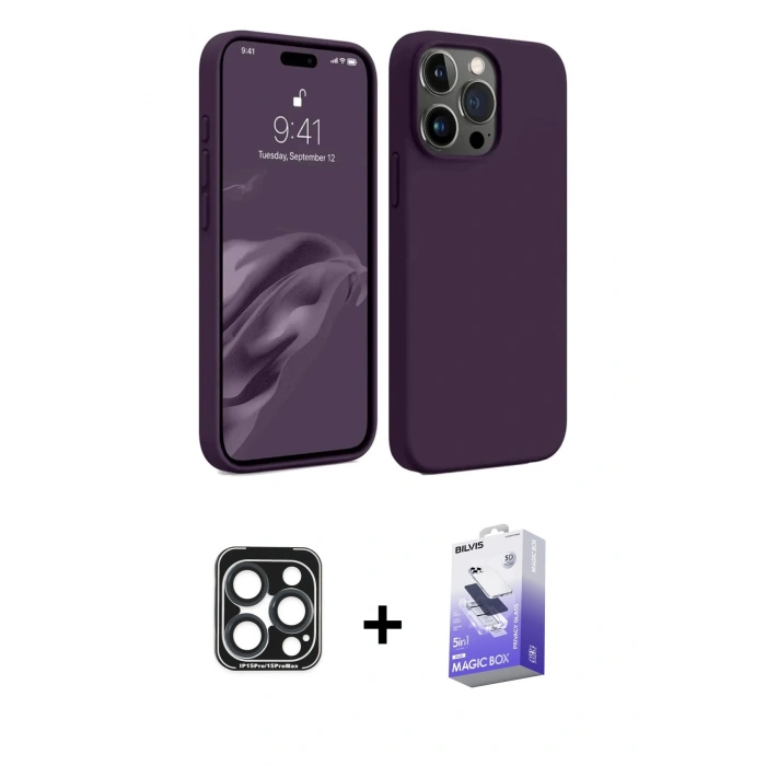 MARSİLYAN™- iPhone 15 Pro Max Kılıf Kozmos Yansıma Özel Seri - Siyah Bilvis 5in1 5D Magic Hayalet Cam Ekran Koruyucu + PVD Metal Kamera Lens - LT