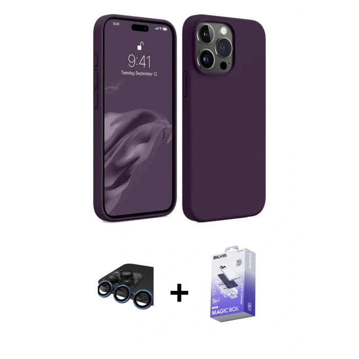 MARSİLYAN™- iPhone 15 Pro Max Kılıf Kozmos Yansıma Özel Seri - Siyah Bilvis 5in1 5D Magic Hayalet Cam Ekran Koruyucu + Raze Metal Kamera Lens - LT