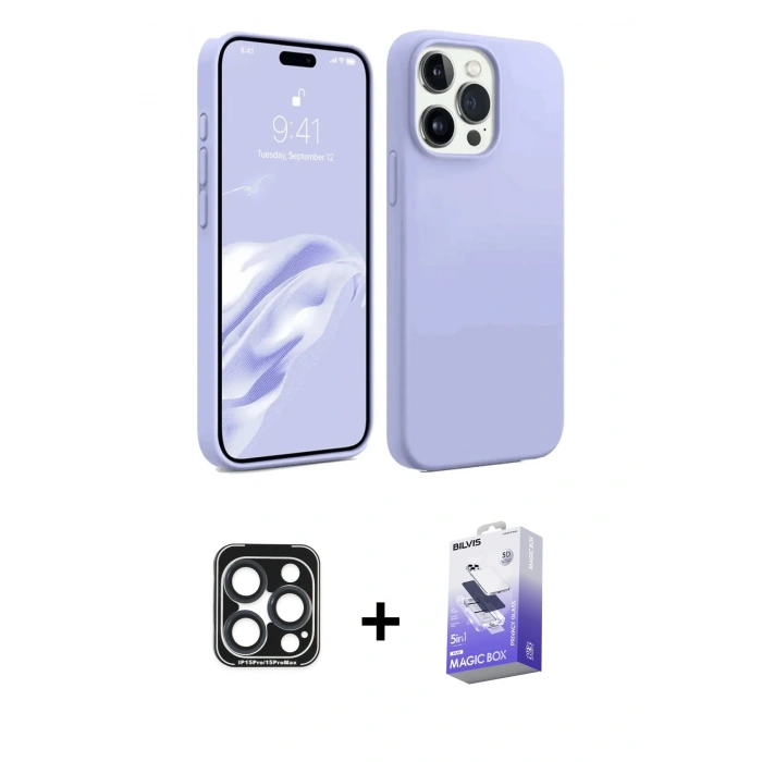 MARSİLYAN™- iPhone 15 Pro Max Kılıf Kozmos Yansıma Özel Seri - Siyah Bilvis 5in1 5D Magic Hayalet Cam Ekran Koruyucu + PVD Metal Kamera Lens - LT
