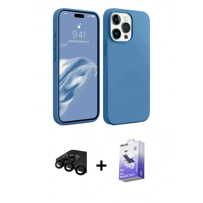 MARSİLYAN™- iPhone 15 Pro Max Kılıf Kozmos Yansıma Özel Seri - Siyah Bilvis 5in1 5D Magic Hayalet Cam Ekran Koruyucu + Raze Metal Kamera Lens - SH