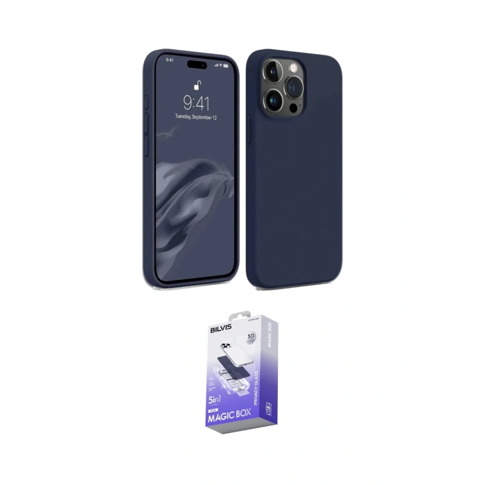 MARSİLYAN™- iPhone 15 Pro Max Kılıf Kozmos Yansıma Özel Seri - Siyah Bilvis 5in1 5D Magic Hayalet Cam Ekran Koruyucu