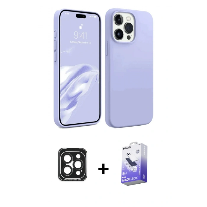 MARSİLYAN™- iPhone 15 Pro Max Kılıf Kozmos Yansıma Özel Seri - Siyah Bilvis 5in1 5D Magic Hayalet Cam Ekran Koruyucu + Siyah PVD Metal Kamera Lens