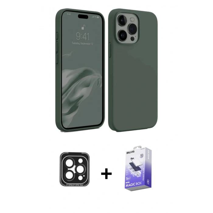 MARSİLYAN™- iPhone 15 Pro Max Kılıf Kozmos Yansıma Özel Seri - Siyah Bilvis 5in1 5D Magic Hayalet Cam Ekran Koruyucu + Siyah PVD Metal Kamera Lens