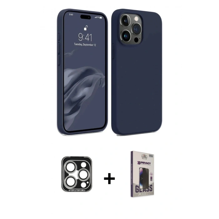 MARSİLYAN™- iPhone 15 Pro Max Kılıf Kozmos Yansıma Özel Seri - Siyah Bilvis Hayalet Cam Ekran Koruyucu + Gümüş PVD Metal Kamera Lens