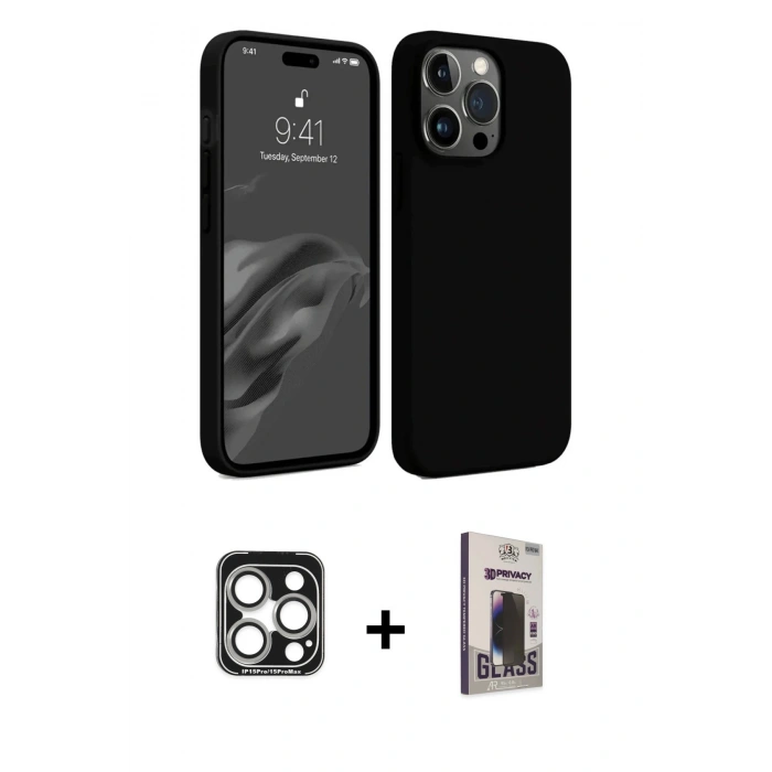 MARSİLYAN™- iPhone 15 Pro Max Kılıf Kozmos Yansıma Özel Seri - Siyah Bilvis Hayalet Cam Ekran Koruyucu + Gümüş PVD Metal Kamera Lens