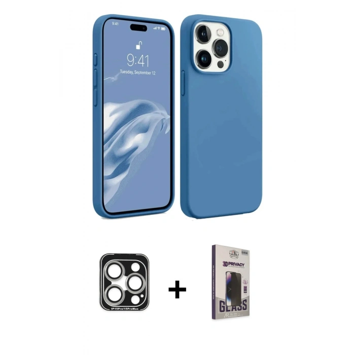 MARSİLYAN™- iPhone 15 Pro Max Kılıf Kozmos Yansıma Özel Seri - Siyah Bilvis Hayalet Cam Ekran Koruyucu + Gümüş PVD Metal Kamera Lens
