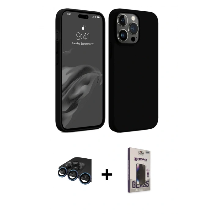 MARSİLYAN™- iPhone 15 Pro Max Kılıf Kozmos Yansıma Özel Seri - Siyah Bilvis Hayalet Cam Ekran Koruyucu + Raze Metal Kamera Lens - LT
