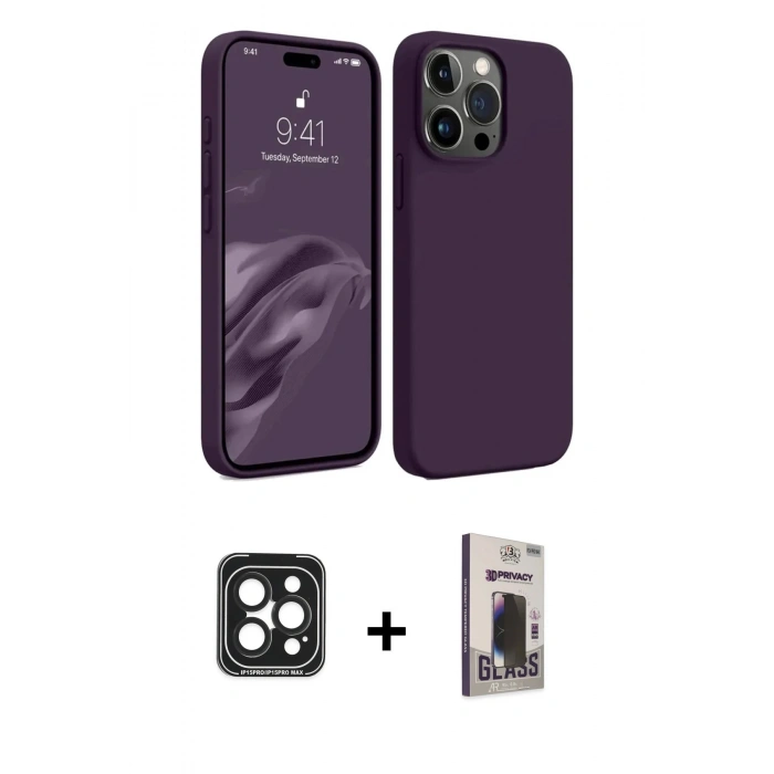 MARSİLYAN™- iPhone 15 Pro Max Kılıf Kozmos Yansıma Özel Seri - Siyah Bilvis Hayalet Cam Ekran Koruyucu + PVD Metal Kamera Lens - SH