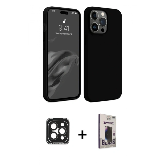 MARSİLYAN™- iPhone 15 Pro Max Kılıf Kozmos Yansıma Özel Seri - Siyah Bilvis Hayalet Cam Ekran Koruyucu + PVD Metal Kamera Lens - SH