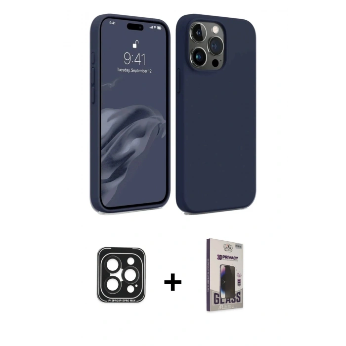 MARSİLYAN™- iPhone 15 Pro Max Kılıf Kozmos Yansıma Özel Seri - Siyah Bilvis Hayalet Cam Ekran Koruyucu + PVD Metal Kamera Lens - SH