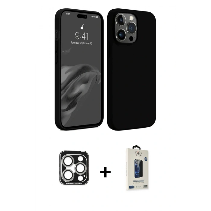 MARSİLYAN™- iPhone 15 Pro Max Kılıf Kozmos Yansıma Özel Seri - Siyah Bilvis Hayalet Cam Ekran Koruyucu + PVD Metal Kamera Lens - GS