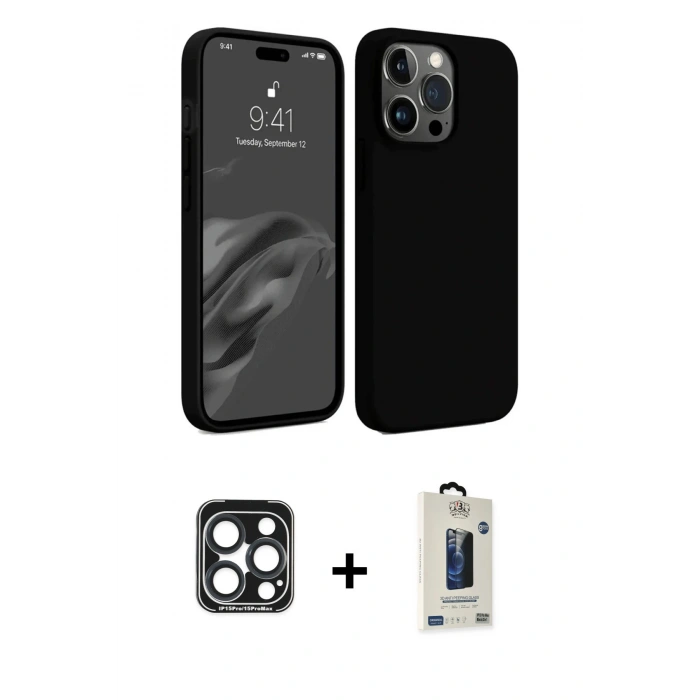 MARSİLYAN™- iPhone 15 Pro Max Kılıf Kozmos Yansıma Özel Seri - Siyah Bilvis Hayalet Cam Ekran Koruyucu + PVD Metal Kamera Lens - LT