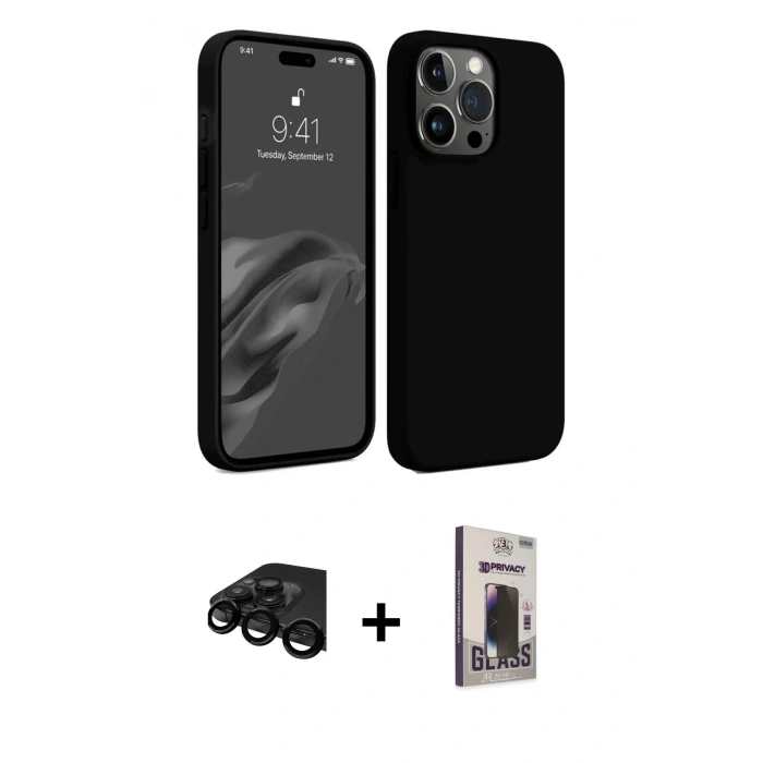 MARSİLYAN™- iPhone 15 Pro Max Kılıf Kozmos Yansıma Özel Seri - Siyah Bilvis Hayalet Cam Ekran Koruyucu + Raze Metal Kamera Lens - SH