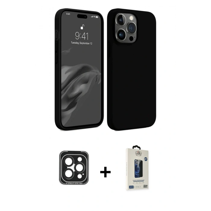 MARSİLYAN™- iPhone 15 Pro Max Kılıf Kozmos Yansıma Özel Seri - Siyah Bilvis Hayalet Cam Ekran Koruyucu + PVD Metal Kamera Lens - SH