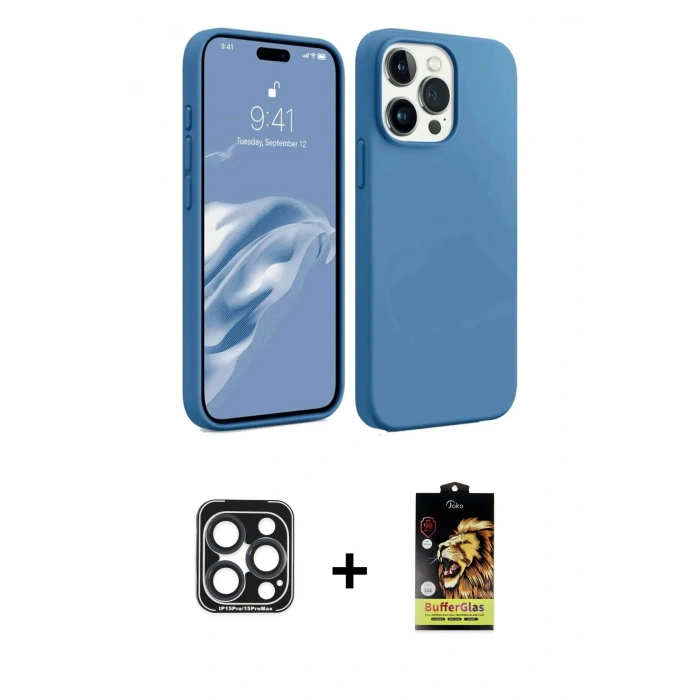 MARSİLYAN™- iPhone 15 Pro Max Kılıf Kozmos Yansıma Özel Seri - Siyah Buffer Cam Ekran Koruyucu + PVD Metal Kamera Lens - LT