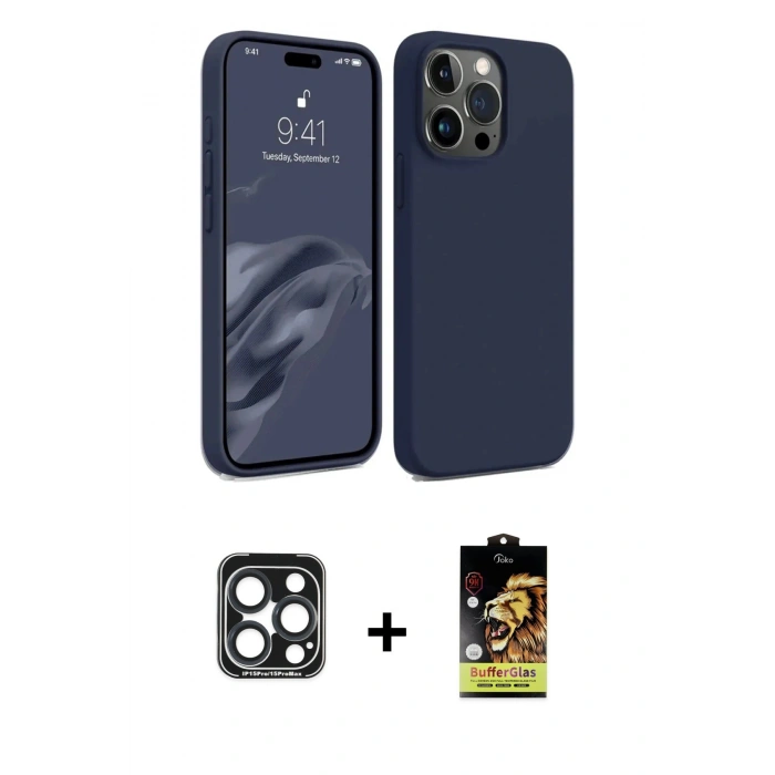 MARSİLYAN™- iPhone 15 Pro Max Kılıf Kozmos Yansıma Özel Seri - Siyah Buffer Cam Ekran Koruyucu + PVD Metal Kamera Lens - LT