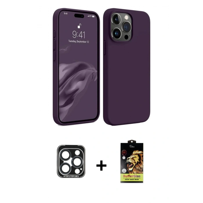 MARSİLYAN™- iPhone 15 Pro Max Kılıf Kozmos Yansıma Özel Seri - Siyah Buffer Cam Ekran Koruyucu + PVD Metal Kamera Lens - LT