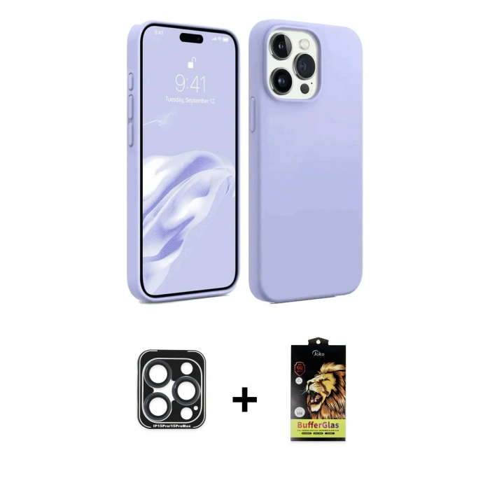 MARSİLYAN™- iPhone 15 Pro Max Kılıf Kozmos Yansıma Özel Seri - Siyah Buffer Cam Ekran Koruyucu + PVD Metal Kamera Lens - LT