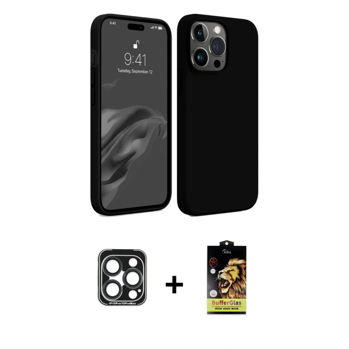 MARSİLYAN™- iPhone 15 Pro Max Kılıf Kozmos Yansıma Özel Seri - Siyah Buffer Cam Ekran Koruyucu + PVD Metal Kamera Lens - LT