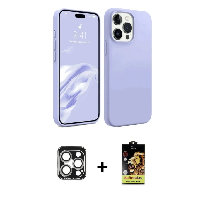 MARSİLYAN™- iPhone 15 Pro Max Kılıf Kozmos Yansıma Özel Seri - Siyah Buffer Cam Ekran Koruyucu + PVD Metal Kamera Lens - GS