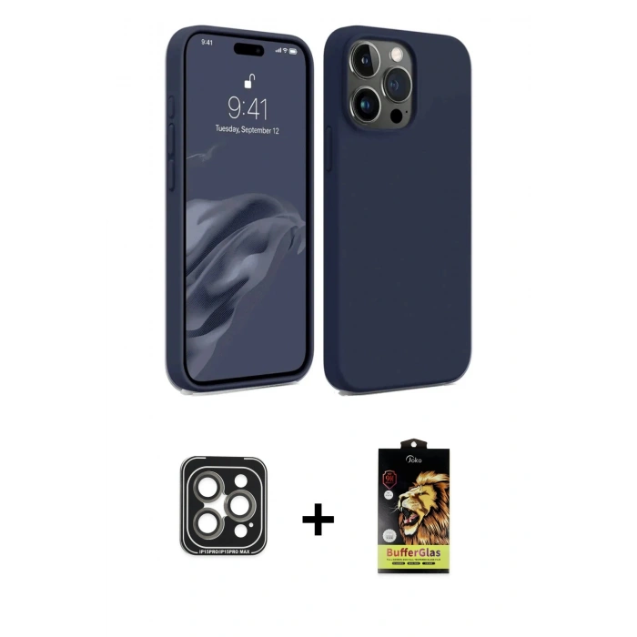 MARSİLYAN™- iPhone 15 Pro Max Kılıf Kozmos Yansıma Özel Seri - Siyah Buffer Cam Ekran Koruyucu + PVD Metal Kamera Lens - GI