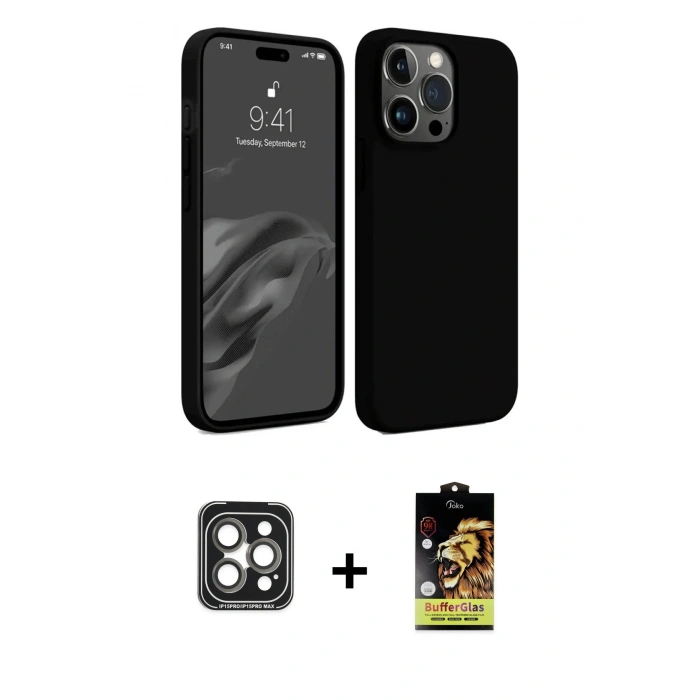 MARSİLYAN™- iPhone 15 Pro Max Kılıf Kozmos Yansıma Özel Seri - Siyah Buffer Cam Ekran Koruyucu + PVD Metal Kamera Lens - GI