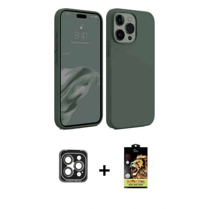 MARSİLYAN™- iPhone 15 Pro Max Kılıf Kozmos Yansıma Özel Seri - Siyah Buffer Cam Ekran Koruyucu + PVD Metal Kamera Lens - GI