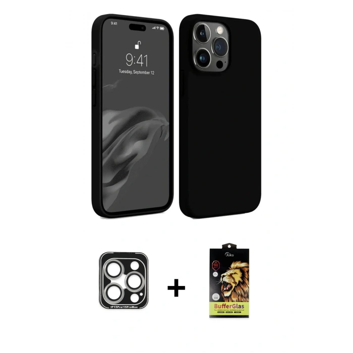 MARSİLYAN™- iPhone 15 Pro Max Kılıf Kozmos Yansıma Özel Seri - Siyah Buffer Cam Ekran Koruyucu + PVD Metal Kamera Lens - GS