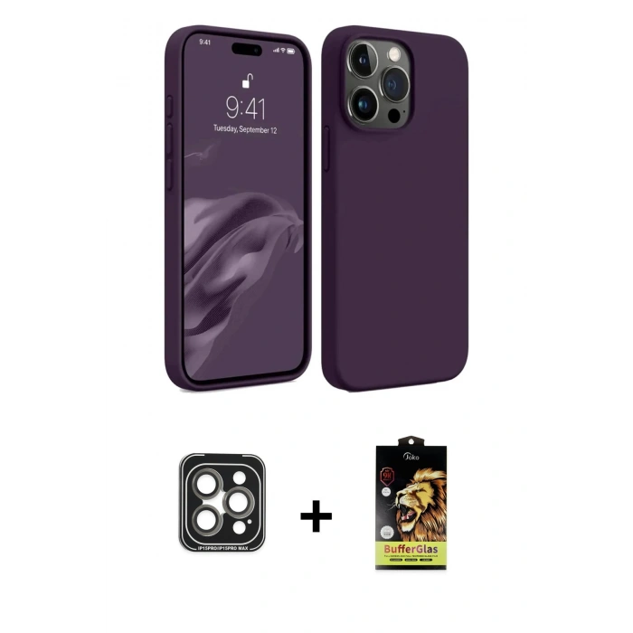 MARSİLYAN™- iPhone 15 Pro Max Kılıf Kozmos Yansıma Özel Seri - Siyah Buffer Cam Ekran Koruyucu + PVD Metal Kamera Lens - GI