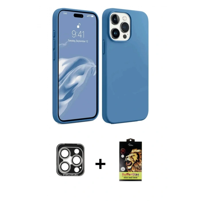 MARSİLYAN™- iPhone 15 Pro Max Kılıf Kozmos Yansıma Özel Seri - Siyah Buffer Cam Ekran Koruyucu + PVD Metal Kamera Lens - GS