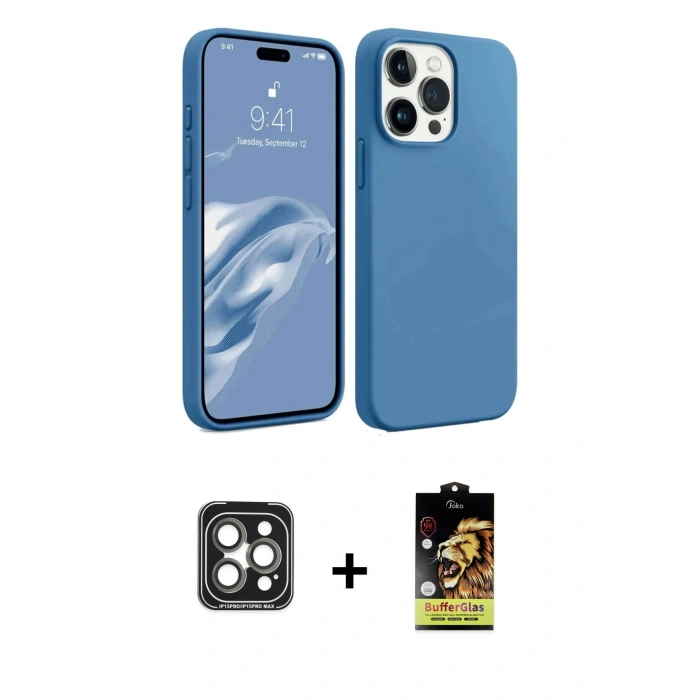 MARSİLYAN™- iPhone 15 Pro Max Kılıf Kozmos Yansıma Özel Seri - Siyah Buffer Cam Ekran Koruyucu + PVD Metal Kamera Lens - GI