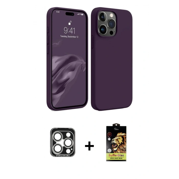MARSİLYAN™- iPhone 15 Pro Max Kılıf Kozmos Yansıma Özel Seri - Siyah Buffer Cam Ekran Koruyucu + PVD Metal Kamera Lens - GS