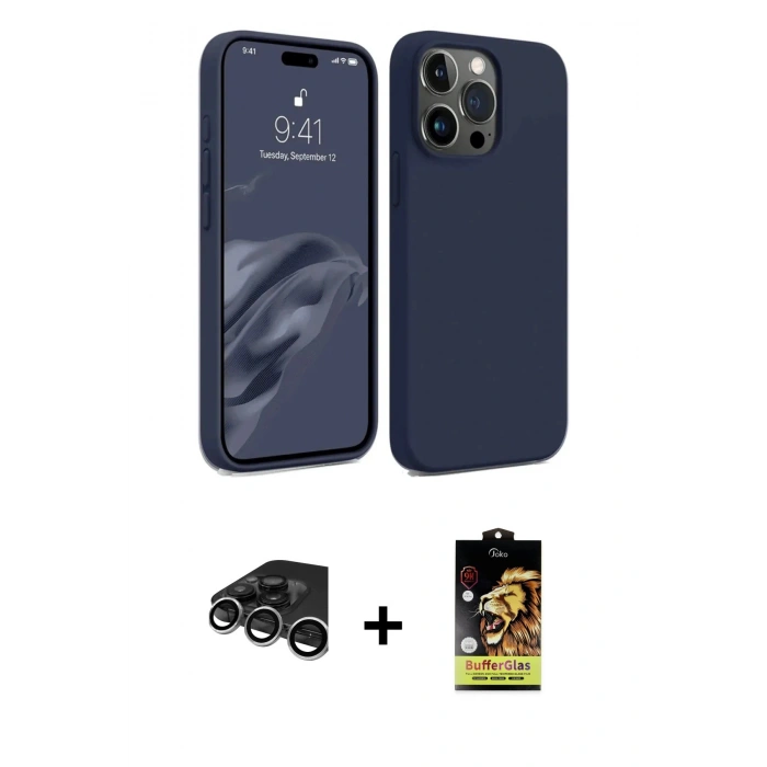 MARSİLYAN™- iPhone 15 Pro Max Kılıf Kozmos Yansıma Özel Seri - Siyah Buffer Cam Ekran Koruyucu + Raze Metal Kamera Lens - GS