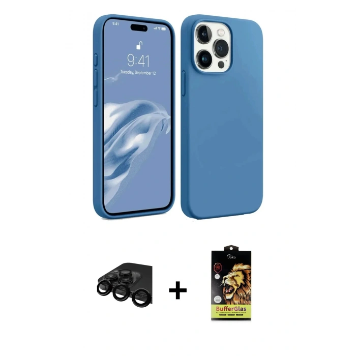 MARSİLYAN™- iPhone 15 Pro Max Kılıf Kozmos Yansıma Özel Seri - Siyah Buffer Cam Ekran Koruyucu + Raze Metal Kamera Lens - SH