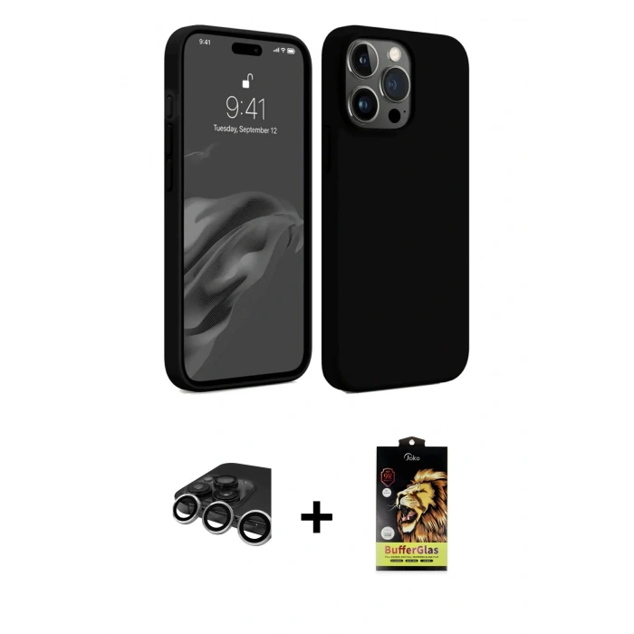 MARSİLYAN™- iPhone 15 Pro Max Kılıf Kozmos Yansıma Özel Seri - Siyah Buffer Cam Ekran Koruyucu + Raze Metal Kamera Lens - GS
