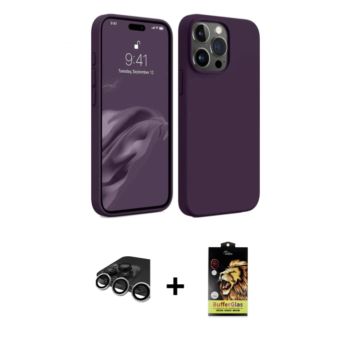MARSİLYAN™- iPhone 15 Pro Max Kılıf Kozmos Yansıma Özel Seri - Siyah Buffer Cam Ekran Koruyucu + Raze Metal Kamera Lens - GS