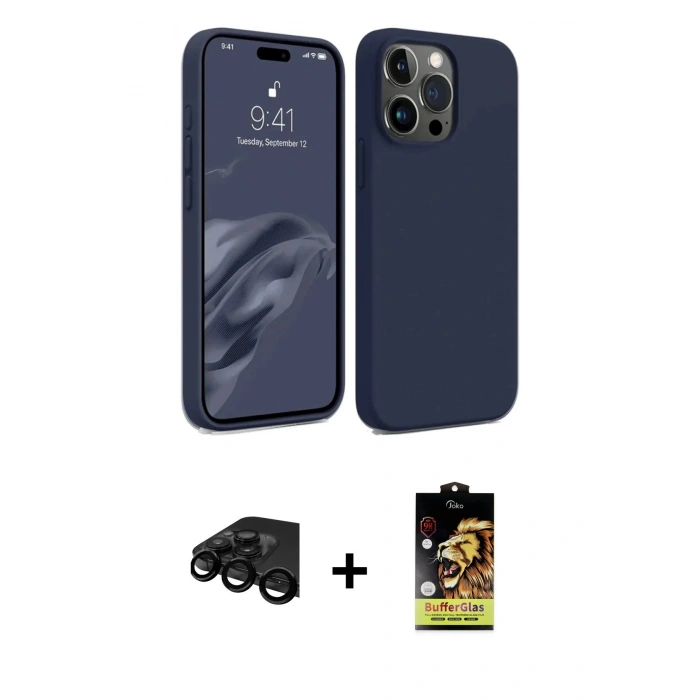 MARSİLYAN™- iPhone 15 Pro Max Kılıf Kozmos Yansıma Özel Seri - Siyah Buffer Cam Ekran Koruyucu + Raze Metal Kamera Lens - SH
