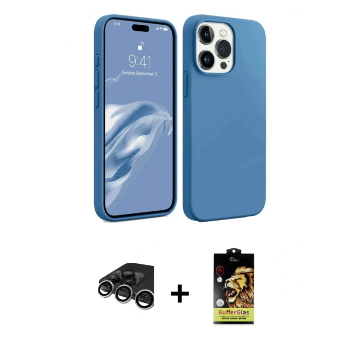MARSİLYAN™- iPhone 15 Pro Max Kılıf Kozmos Yansıma Özel Seri - Siyah Buffer Cam Ekran Koruyucu + Raze Metal Kamera Lens - GS