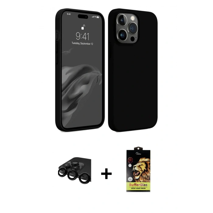 MARSİLYAN™- iPhone 15 Pro Max Kılıf Kozmos Yansıma Özel Seri - Siyah Buffer Cam Ekran Koruyucu + Raze Metal Kamera Lens - SH