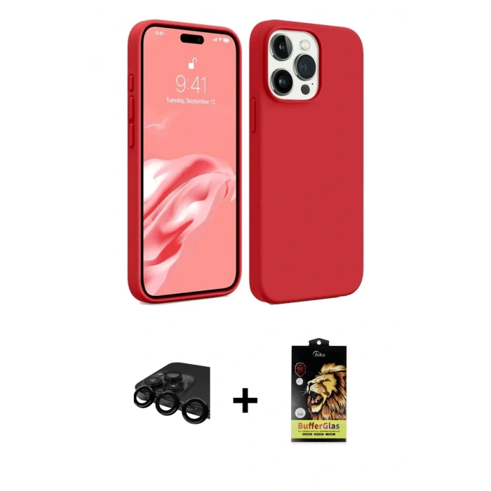 MARSİLYAN™- iPhone 15 Pro Max Kılıf Kozmos Yansıma Özel Seri - Siyah Buffer Cam Ekran Koruyucu + Raze Metal Kamera Lens - SH