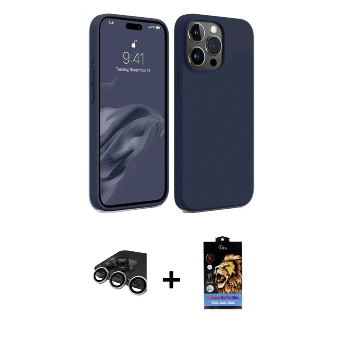 MARSİLYAN™- iPhone 15 Pro Max Kılıf Kozmos Yansıma Özel Seri - Siyah Buffer Hayalet Cam Ekran Koruyucu + Gümüş Raze Metal Kamera Lens